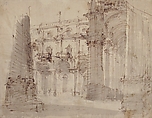 Street Scene with a Palace Façade and an Arcade, (recto) Fabrizio Galliari (Italian, Andorno 1709–1790 Treviglio), Pen and brown ink, brush and gray wash over traces of black chalk